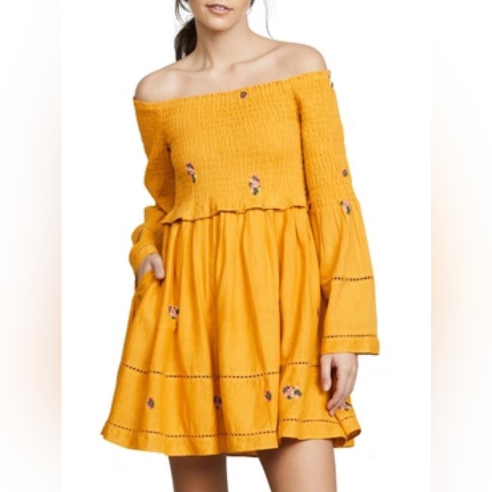 Free People Counting Daisies Embroidered Dress Womens M Off Shoulder In Golden